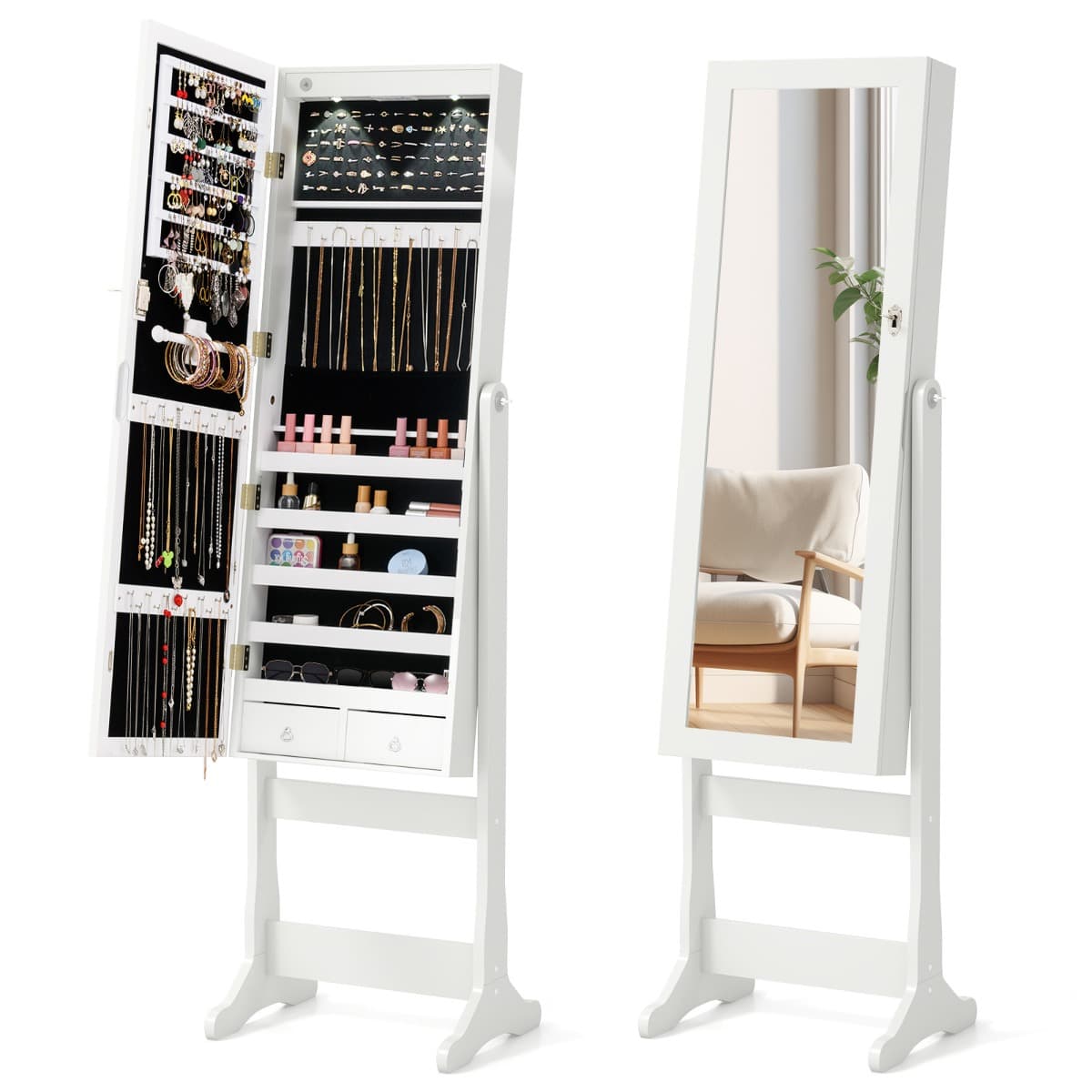 Armoire à Bijoux Autonome Armoire à Bijoux Verrouillable avec Miroir Pleine Longueur et Lumières LED
