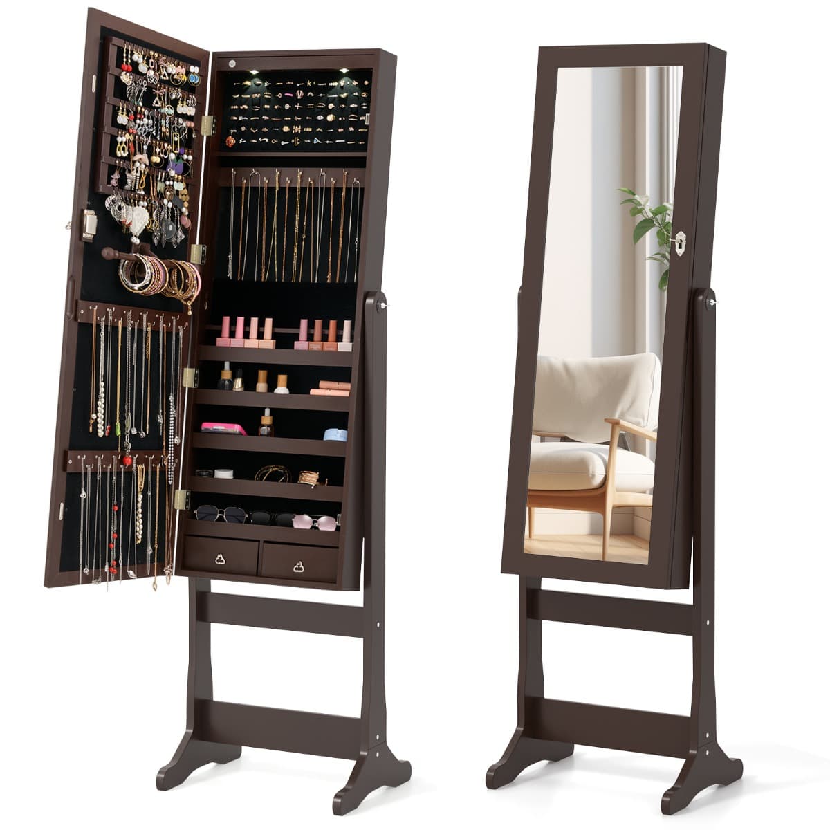 Armoire à Bijoux Autonome Armoire à Bijoux Verrouillable avec Miroir Pleine Longueur et Lumières LED